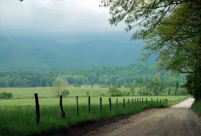 Cades Cove Loop Road on a cloudy summer day