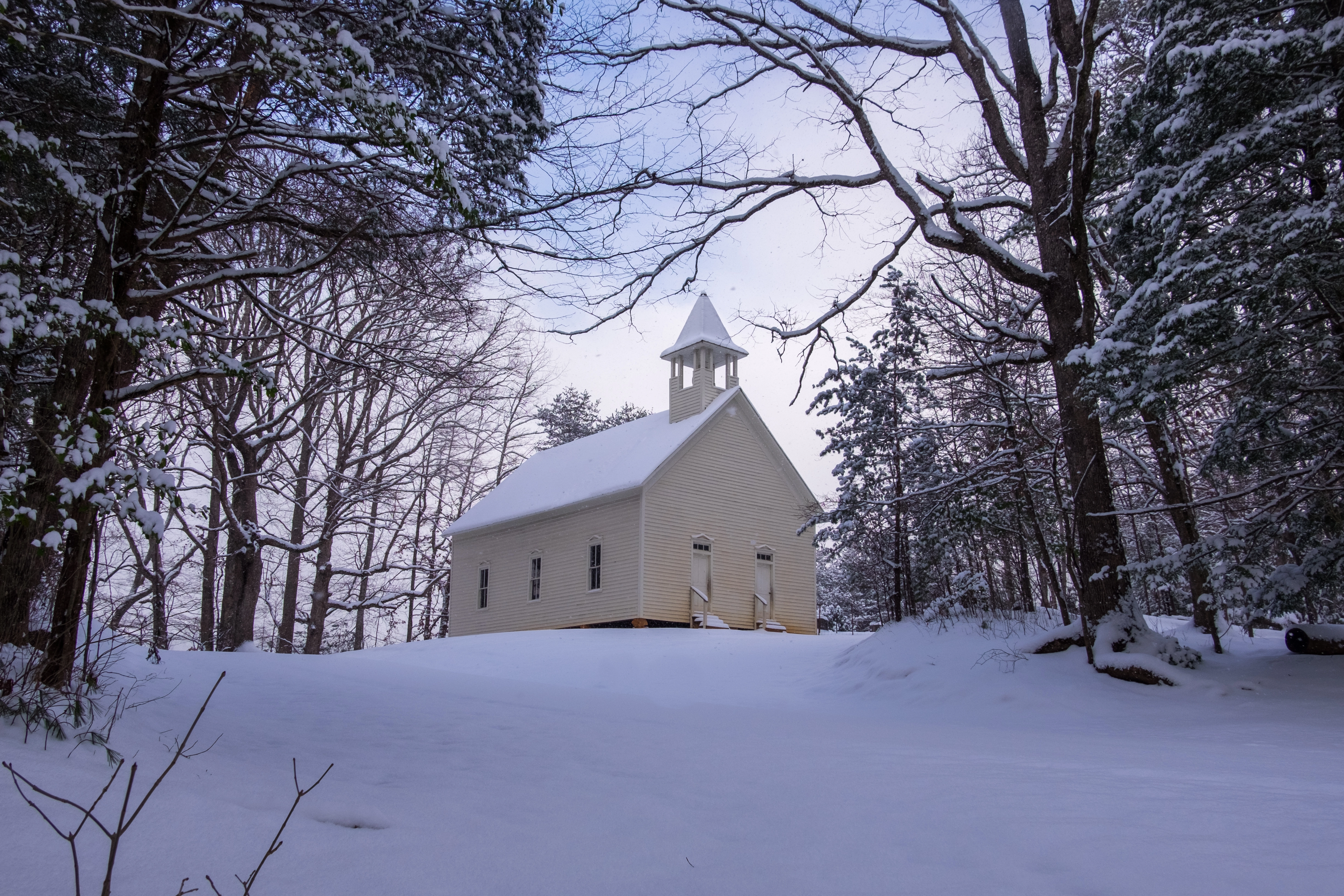 Cades Cove Methodist Church covered in snow