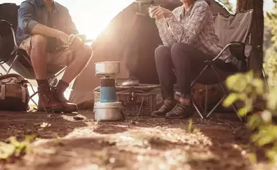 a couple sitting outside their tent