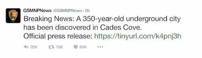A tweet from GSMNPNews about the underground city beneath Cades Cove.