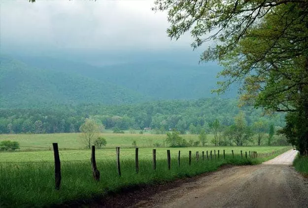 Cades Cove Loop Road on a cloudy summer day