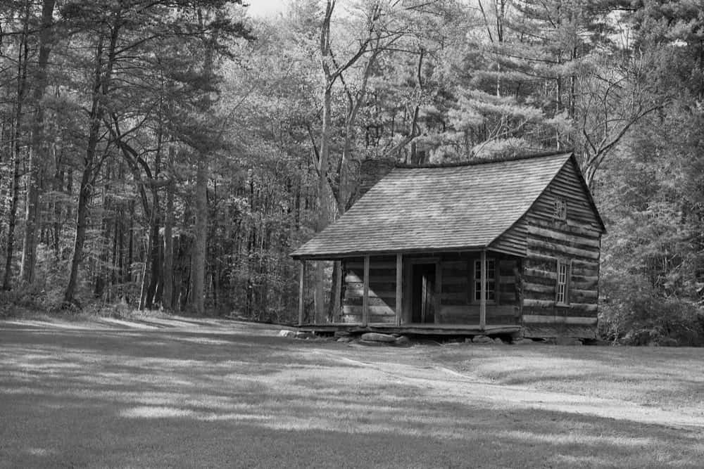 Black and white photo of a cabin in Cades Cove.