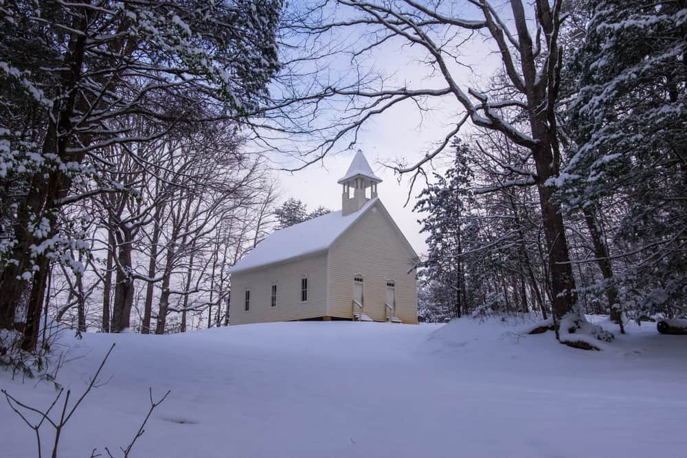 Cades Cove church covered in snow