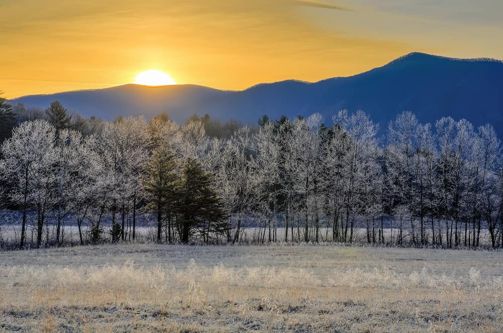 view of Cades Cove in winter at sunrise